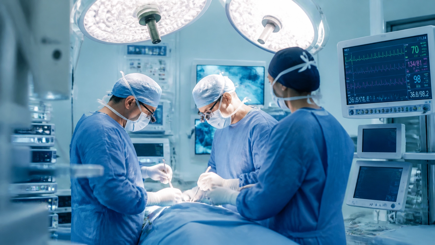 A professional surgical team working in a modern, bright operating room
