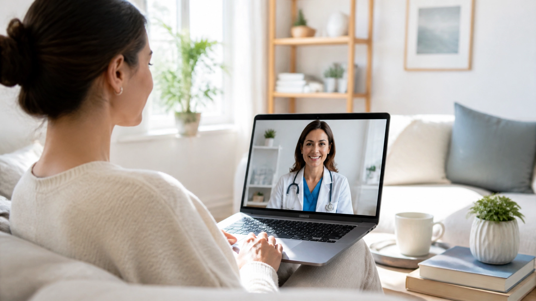 A person at home using a laptop for a telehealth appointment, showing the ease of accessing care remotely.