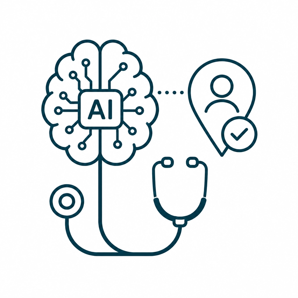Minimalist flat-design icon of an AI brain and a stethoscope