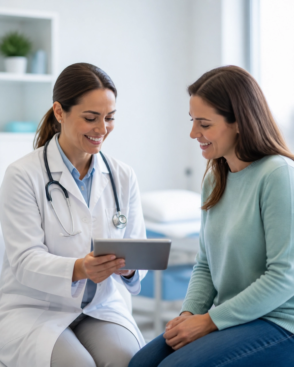 Friendly physician and patient reviewing care information together on a tablet