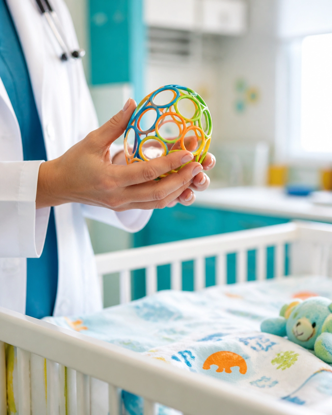 Hands of a medical professional holding a toy in a pediatric clinic