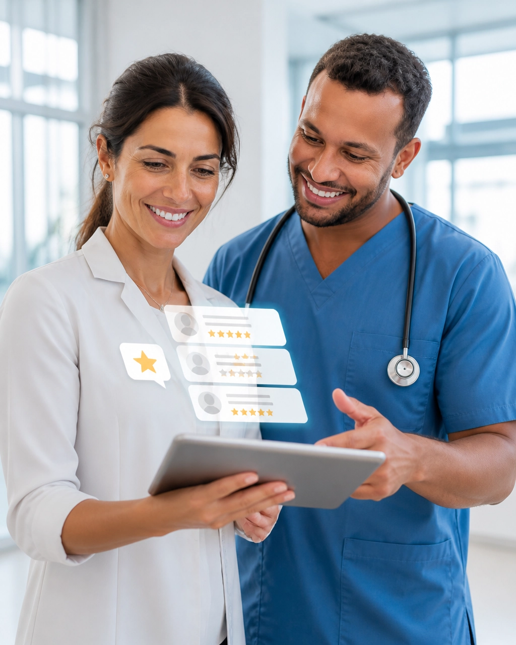 Physician and practice coordinator reviewing patient feedback and star icons on a tablet