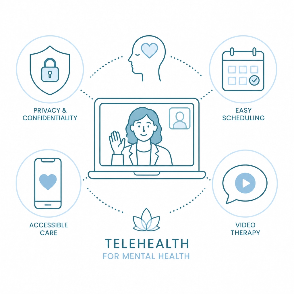 Minimalist icons representing digital privacy, easy scheduling, and accessible healthcare.