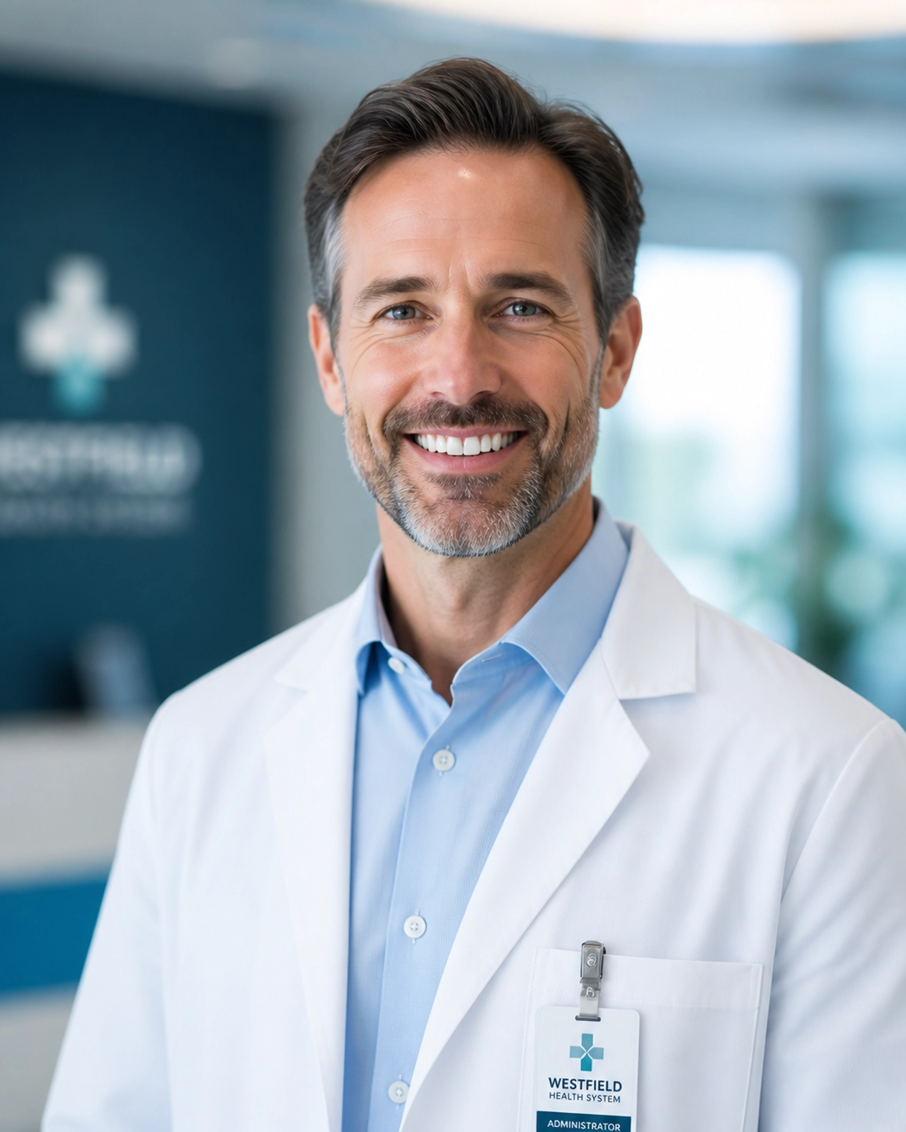 A professional male healthcare administrator smiling warmly in a clinical setting