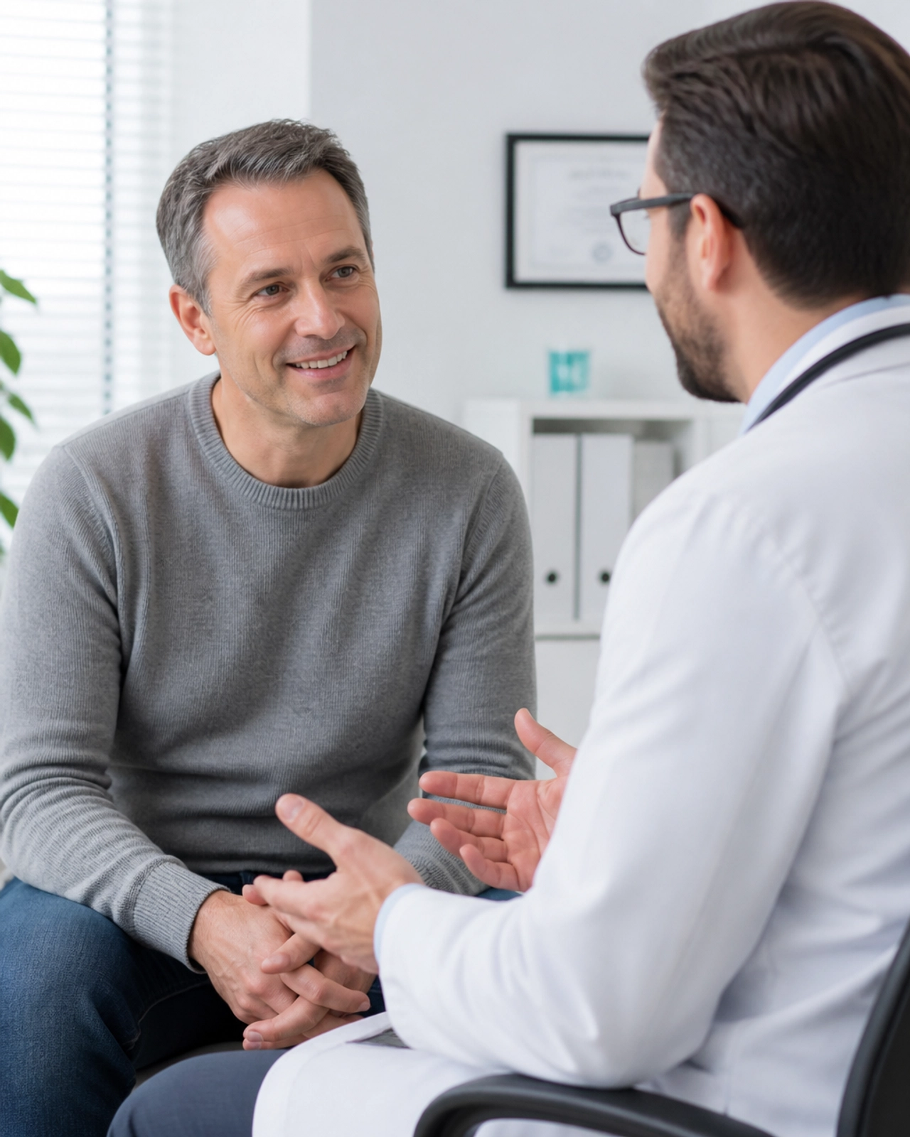 A male patient and doctor having a friendly and professional consultation.