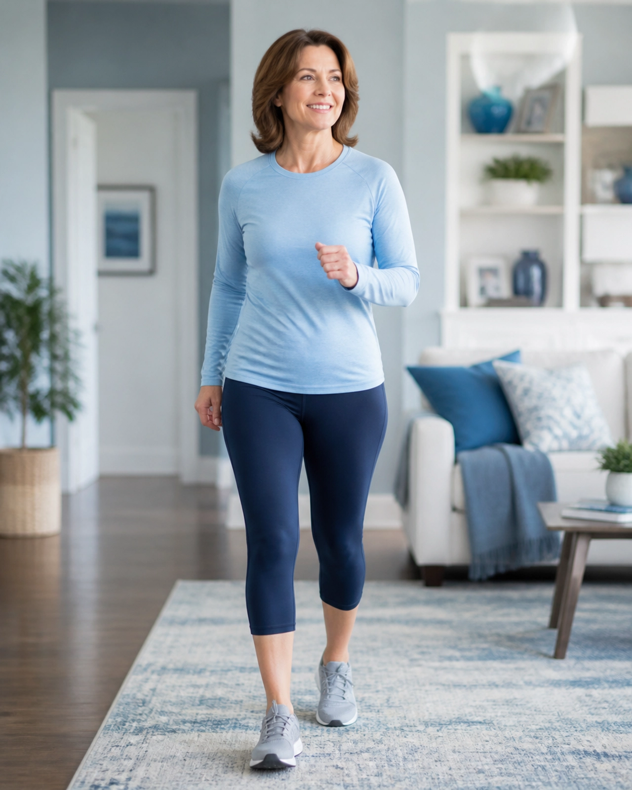 A person performing gentle walking exercises in a bright, sunlit room to aid post-surgery recovery