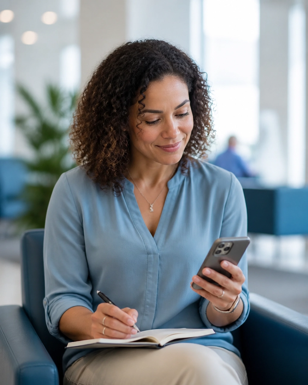 Patient taking notes while comparing healthcare choices in a bright clinic waiting area