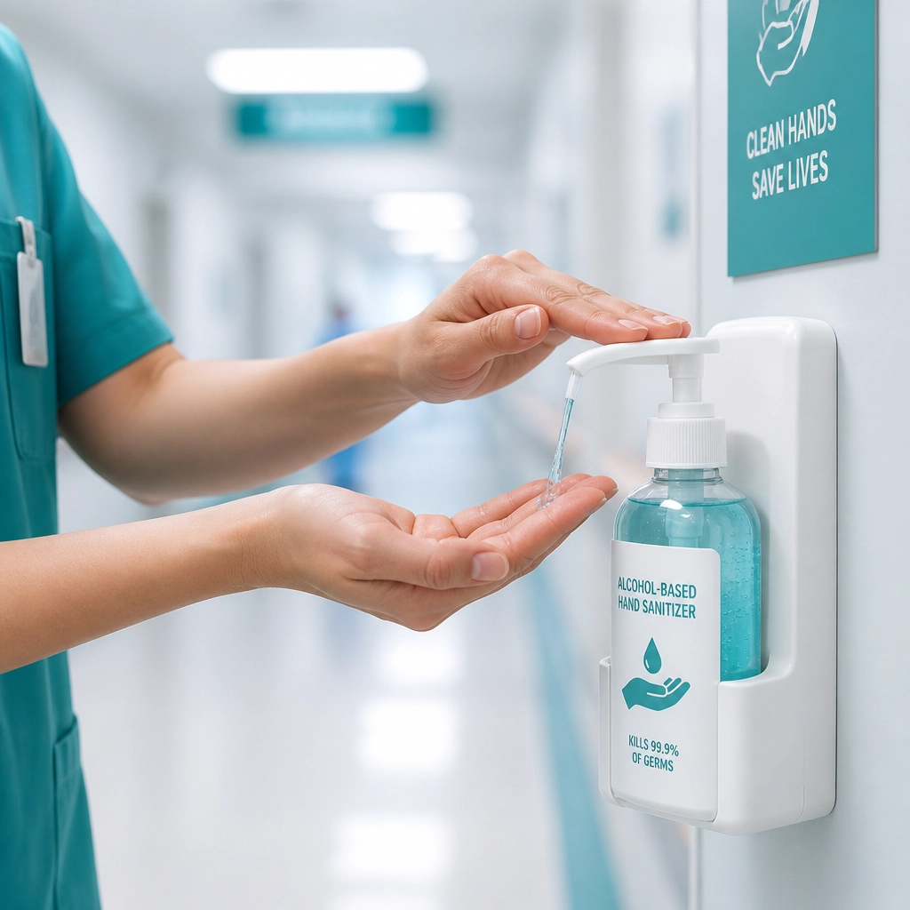 A healthcare worker using hand sanitizer in a clinical setting