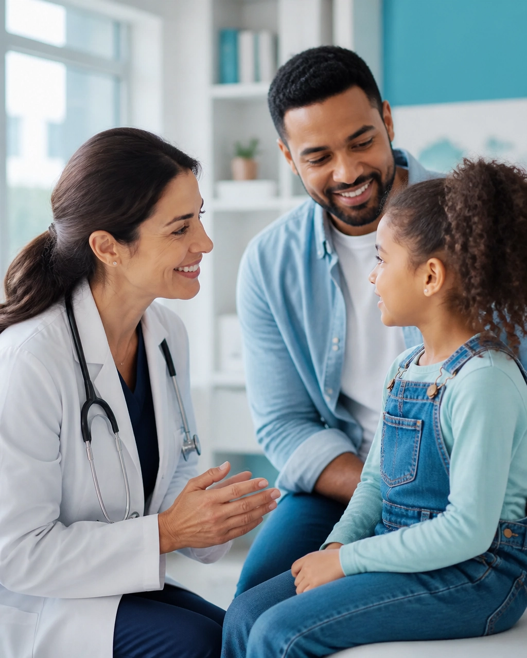 Friendly pediatrician listening to a parent and child together during a bright clinic visit