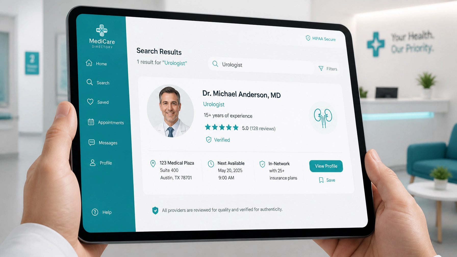 Healthcare directory interface showing verified urology doctor profiles