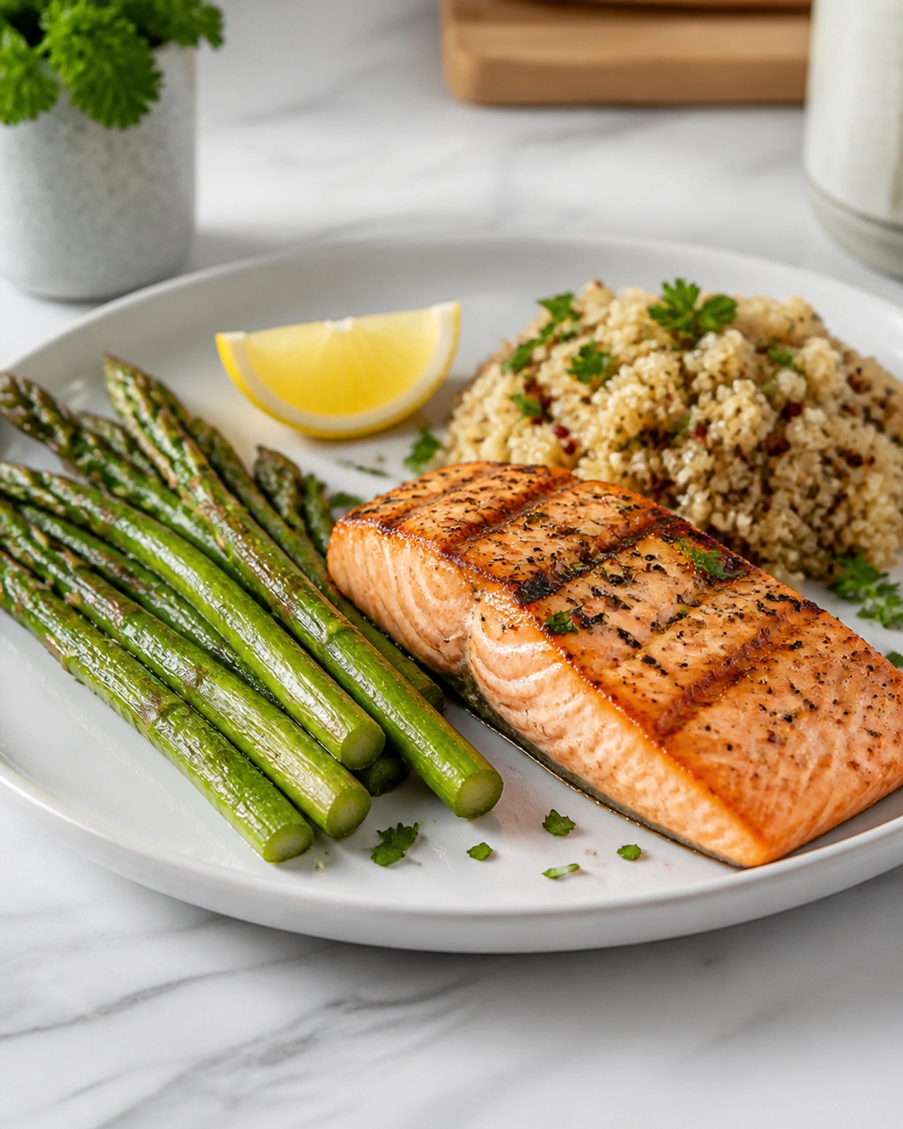 A healthy Mediterranean-style meal featuring grilled salmon and vegetables.