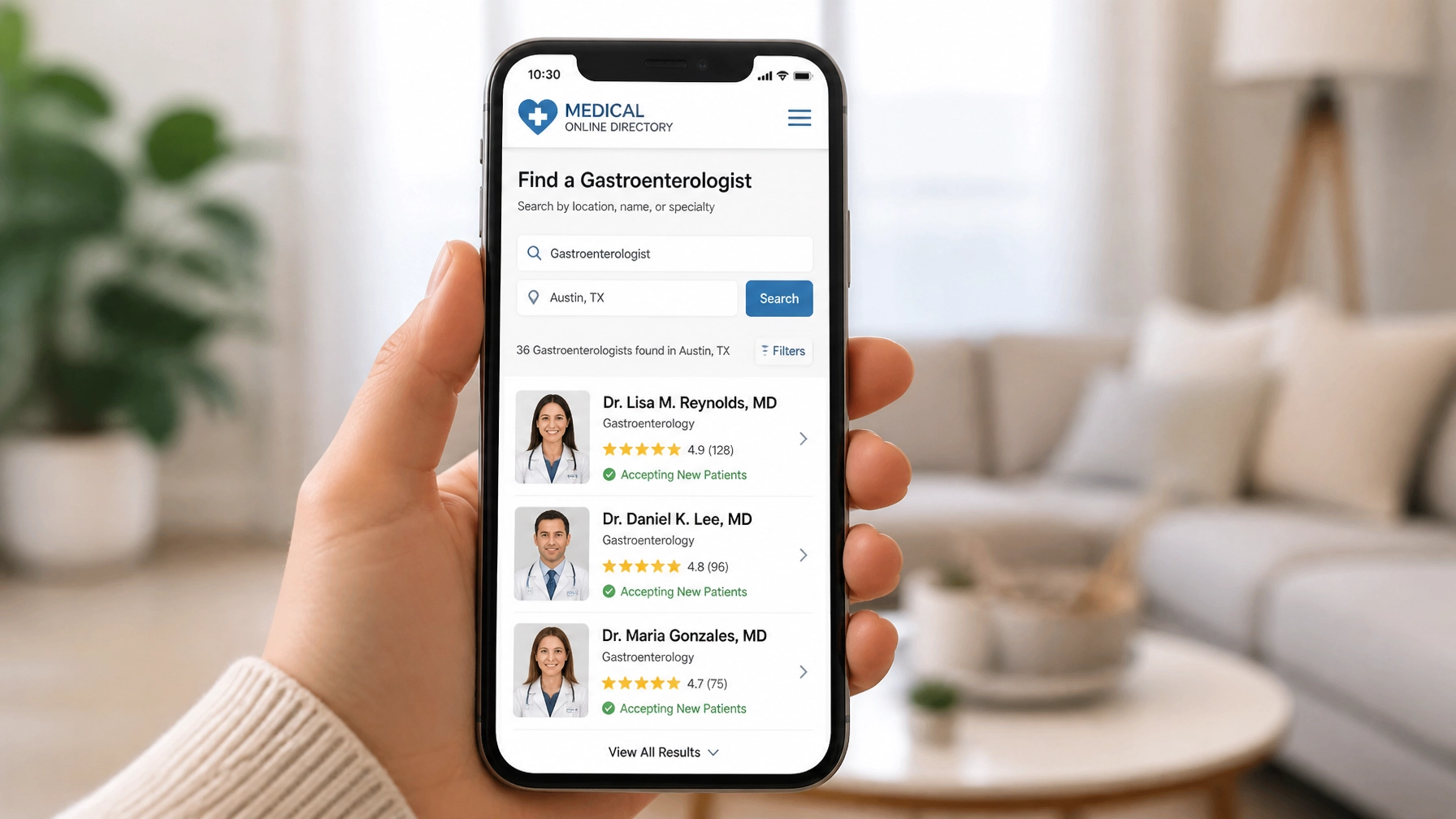 Using a smartphone to search the Medical Online Directory for local specialists