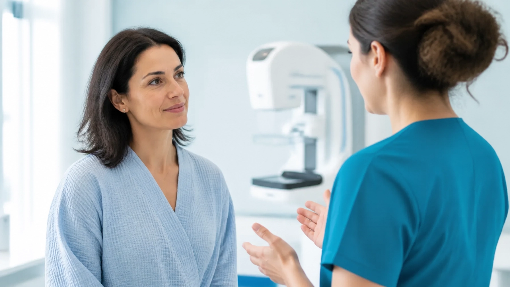 A woman discussing breast imaging with a radiology technologist in a bright, modern clinic