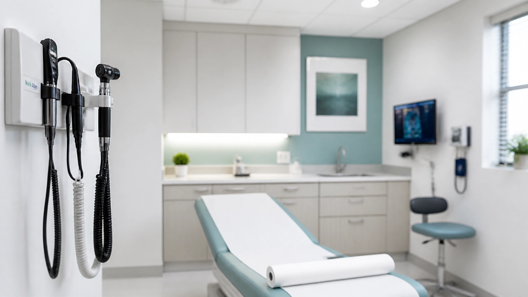 A bright and modern medical examination room, showcasing the clinical precision and equipment available during in-person visits.