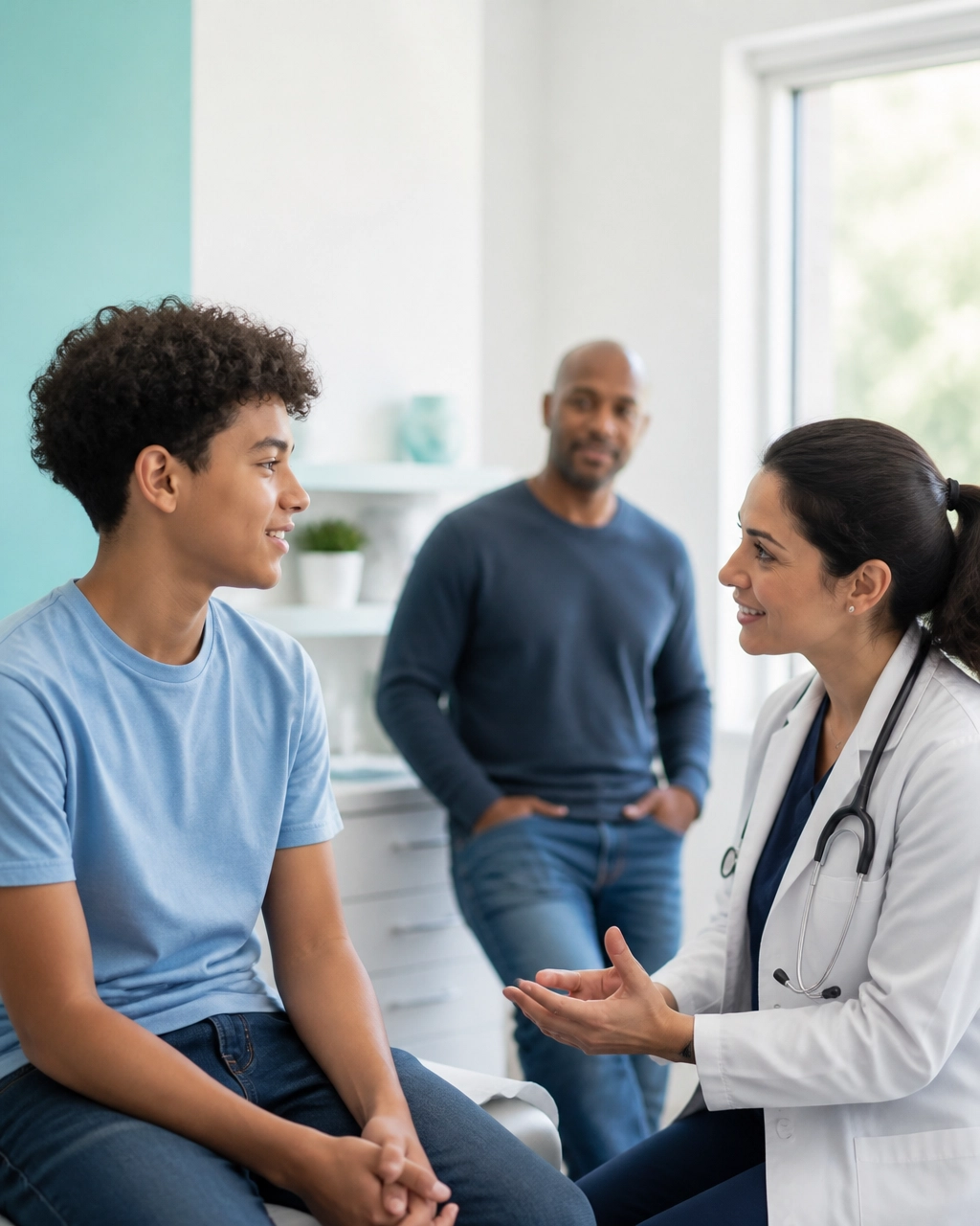 Teen speaking privately with a compassionate pediatric clinician during an adolescent checkup