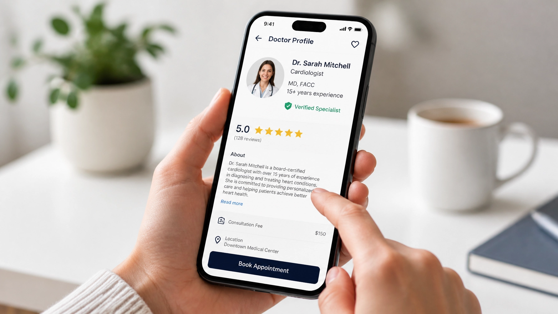 A person using a smartphone to view verified specialist profiles and reviews.