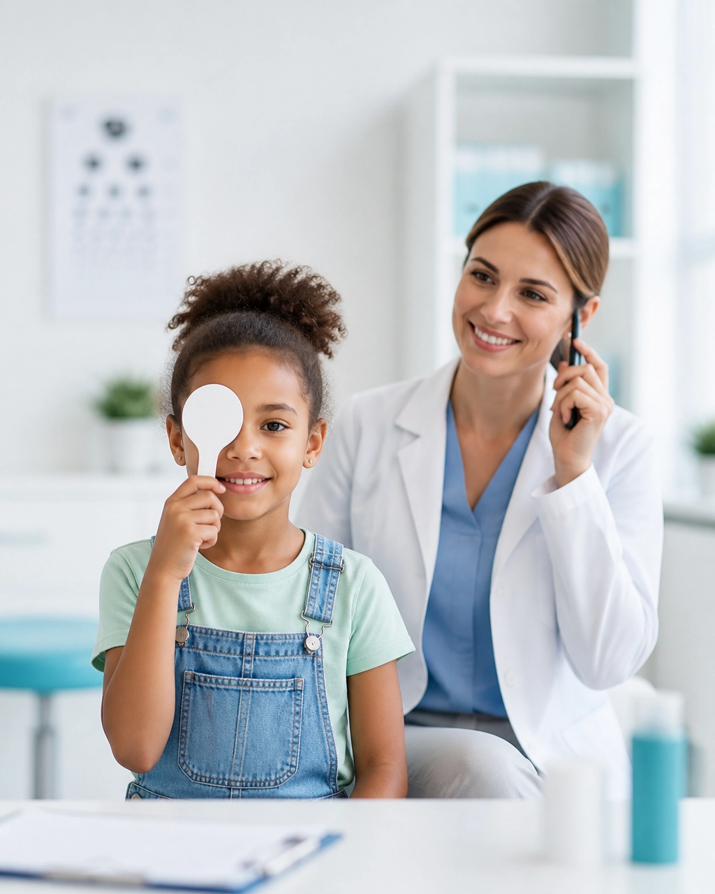 Child completing a vision and hearing screening with a pediatric healthcare professional