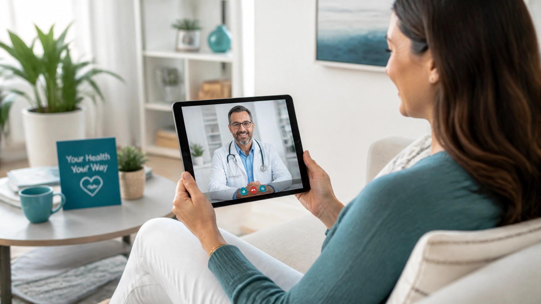 A patient at home comfortably having a telehealth consultation on a tablet