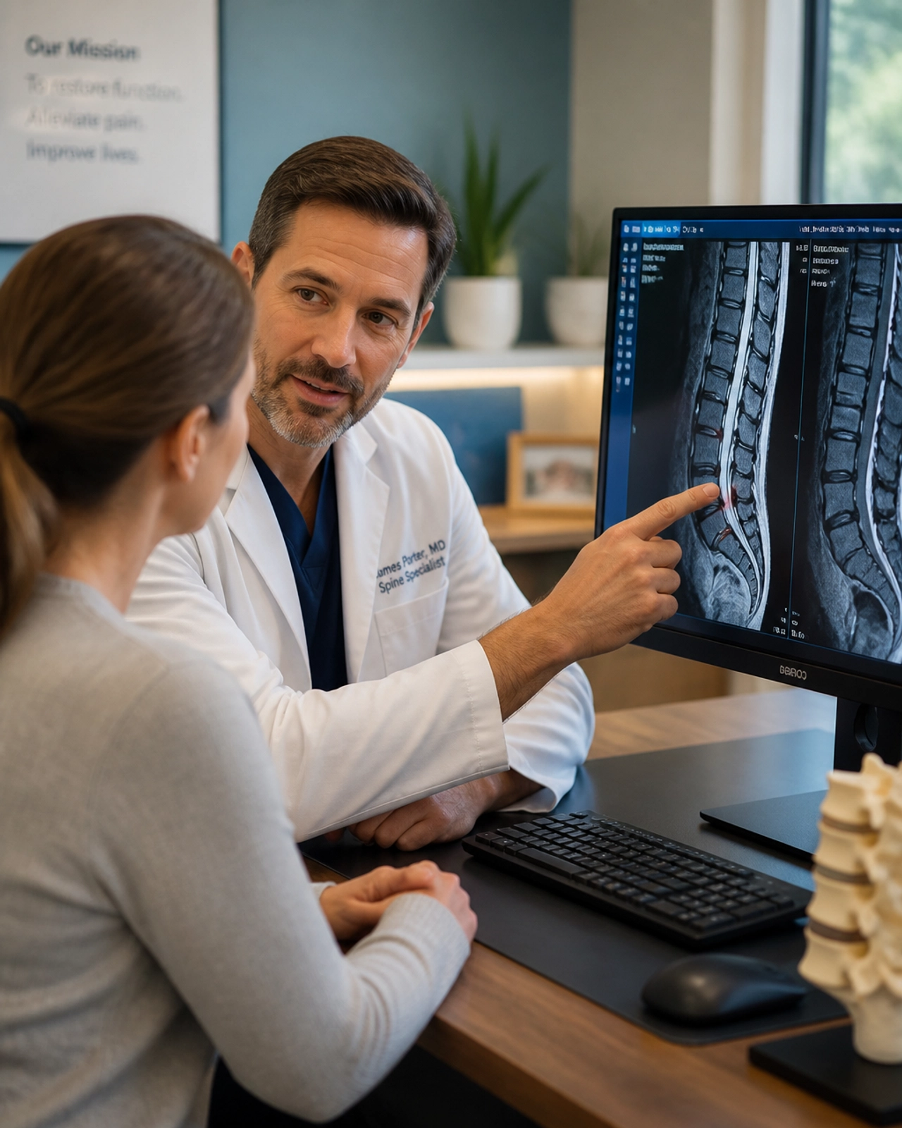 A professional medical consultation setting. A male doctor in a white coat and a female patient are sitting together, looking at a digital screen displaying medical imaging results.