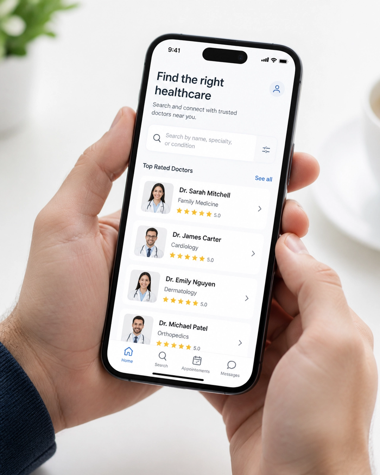 Person using a smartphone to quickly search for a doctor on a healthcare directory.