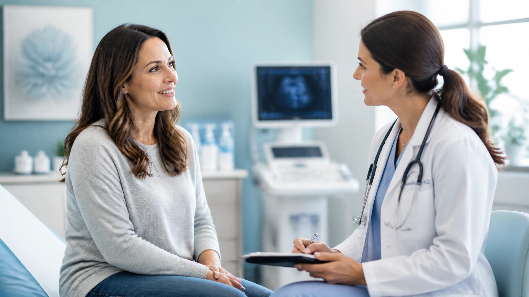 A doctor and patient talking comfortably in a bright consultation room