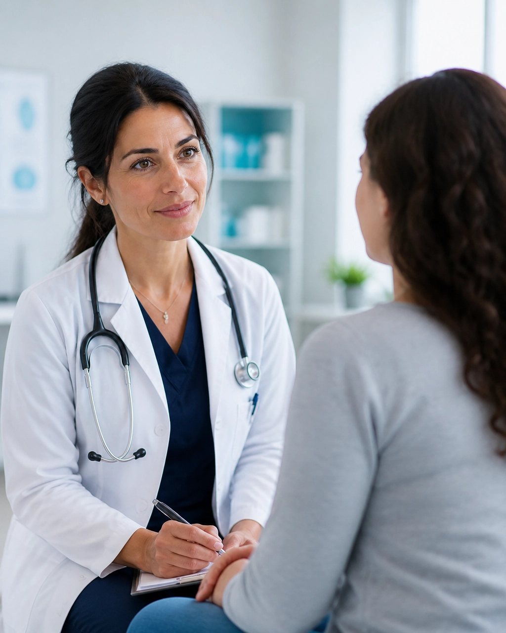 Patient and physician having a calm, attentive conversation during a first appointment