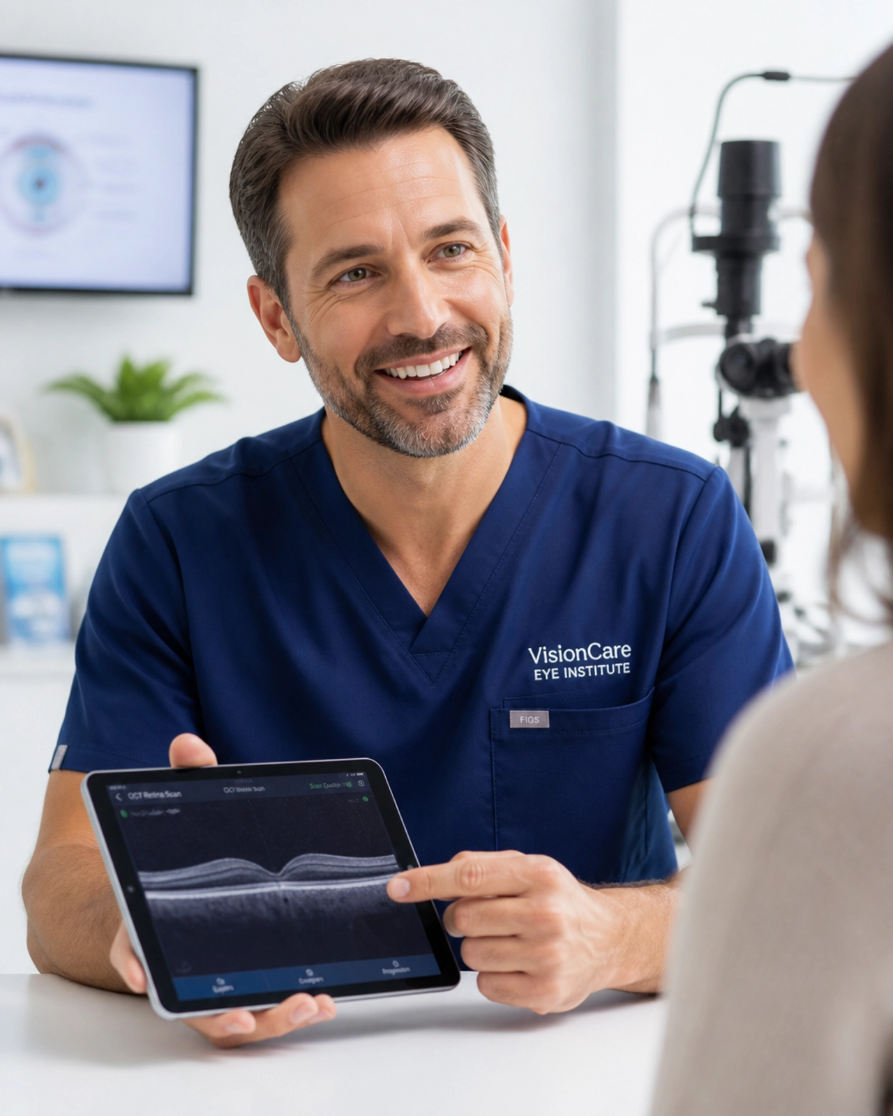 Ophthalmologist explaining medical results to a patient