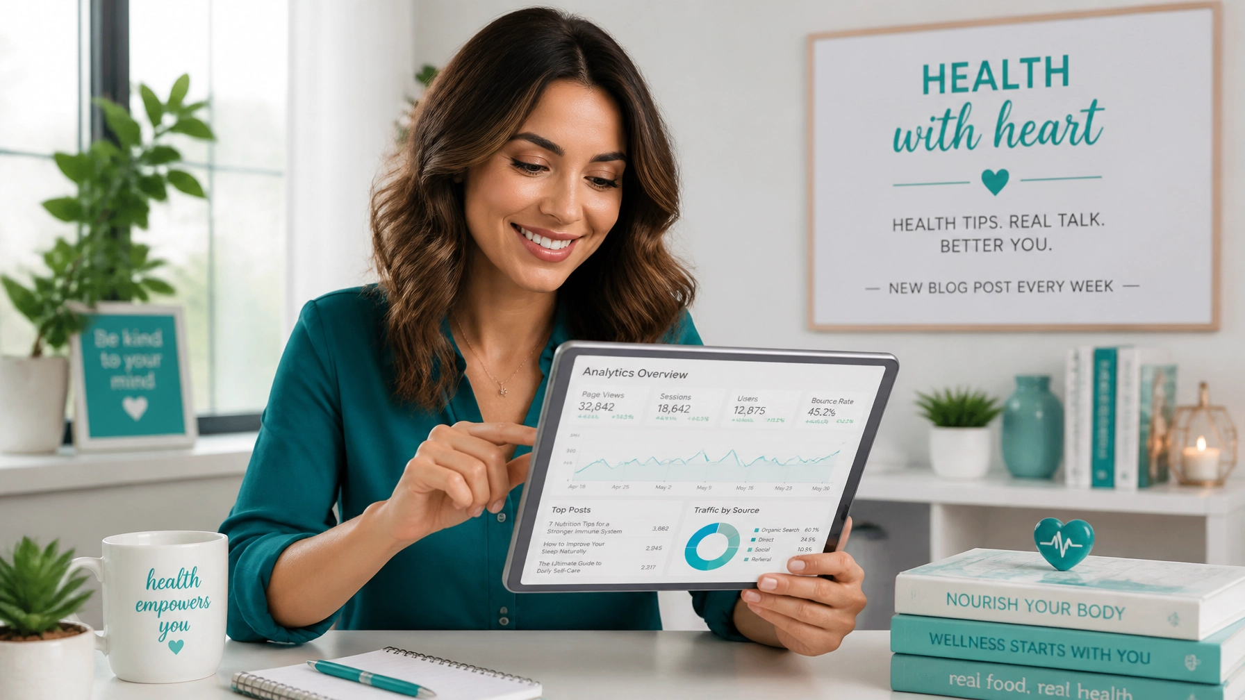 Healthcare blogger reviewing analytics