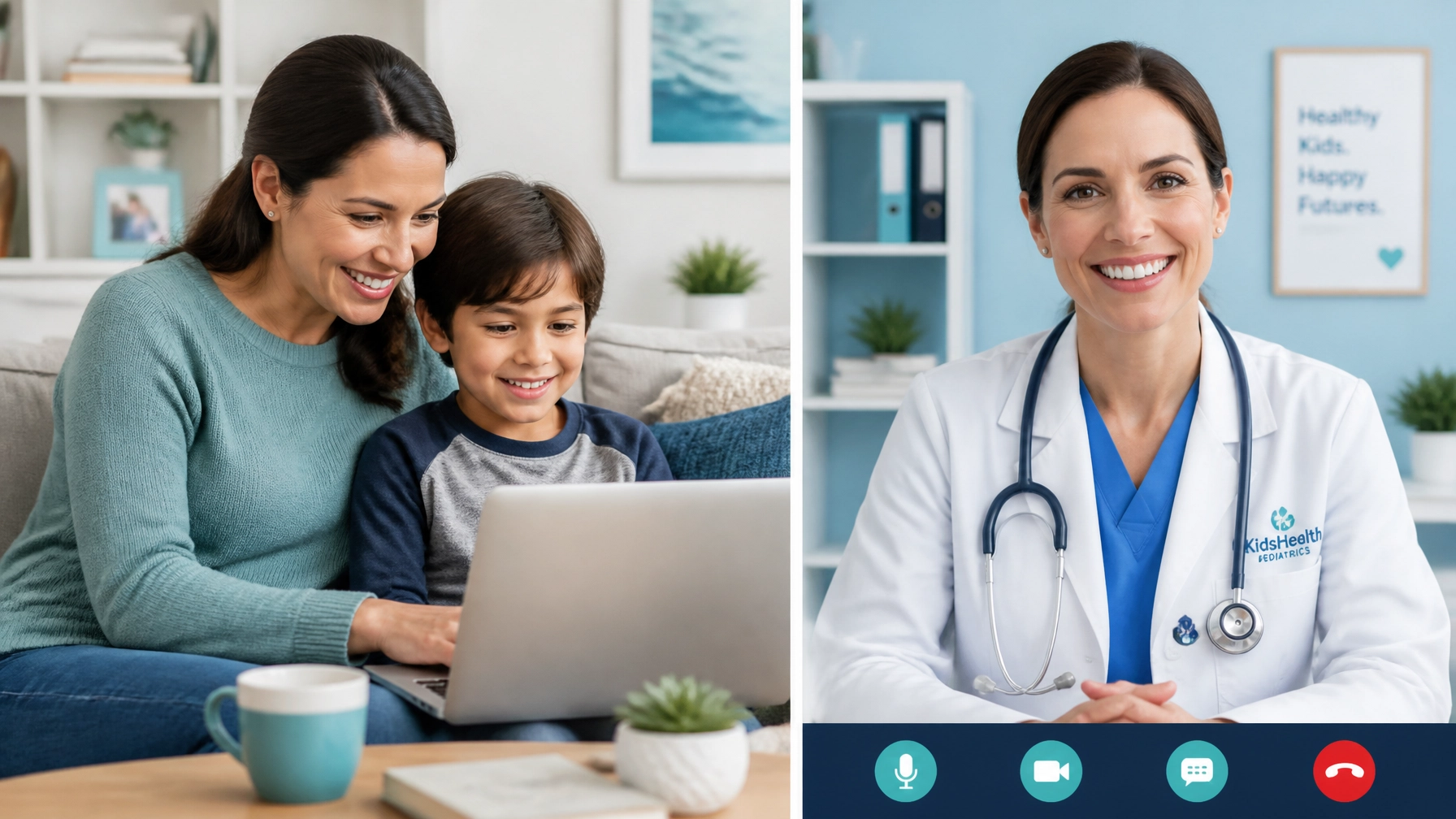 Split screen showing a family at home and a pediatrician on a laptop