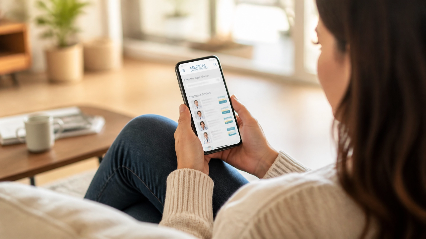 Person using a smartphone to browse Medical Online Directory in a bright living room