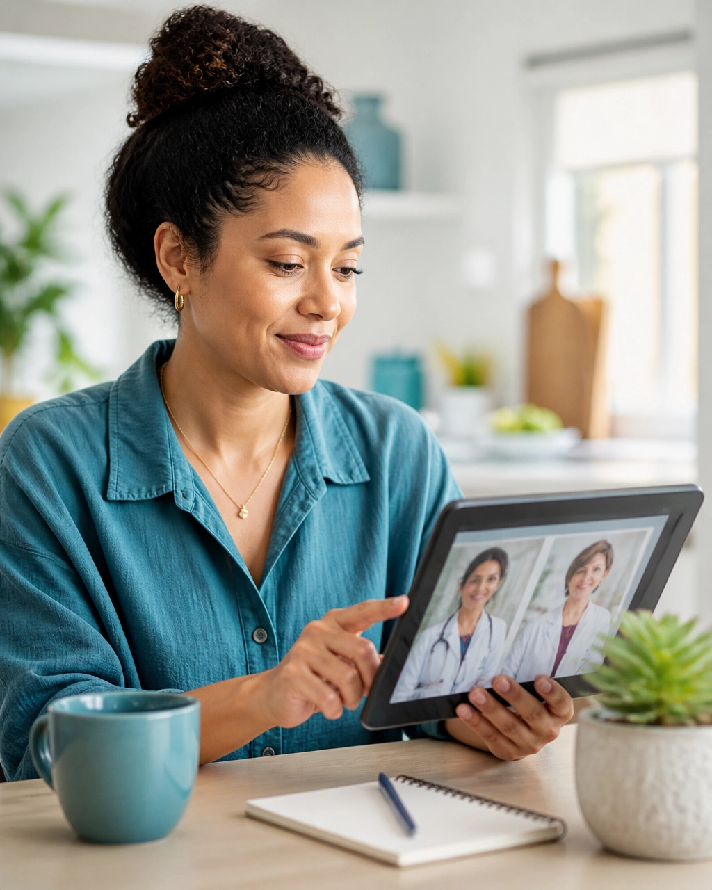 Patient comparing provider profiles on a tablet while reviewing care options