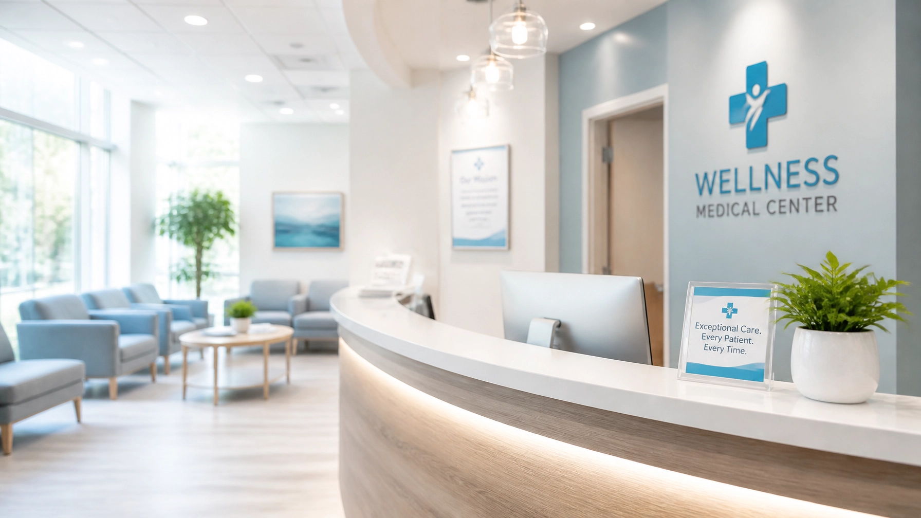 A clean, modern medical office reception area filled with natural light.