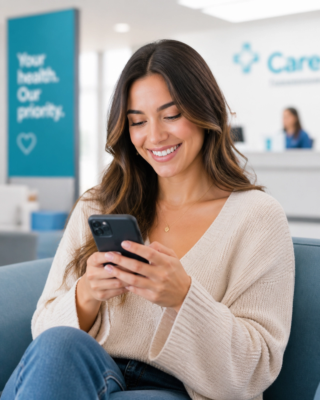 A patient using their smartphone to find an in-network provider through an online directory