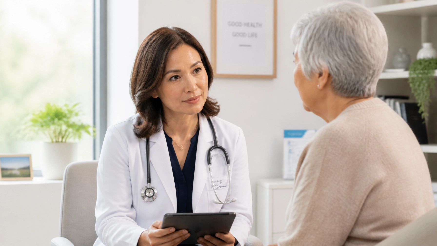 An internal medicine doctor talking intently to an elderly patient