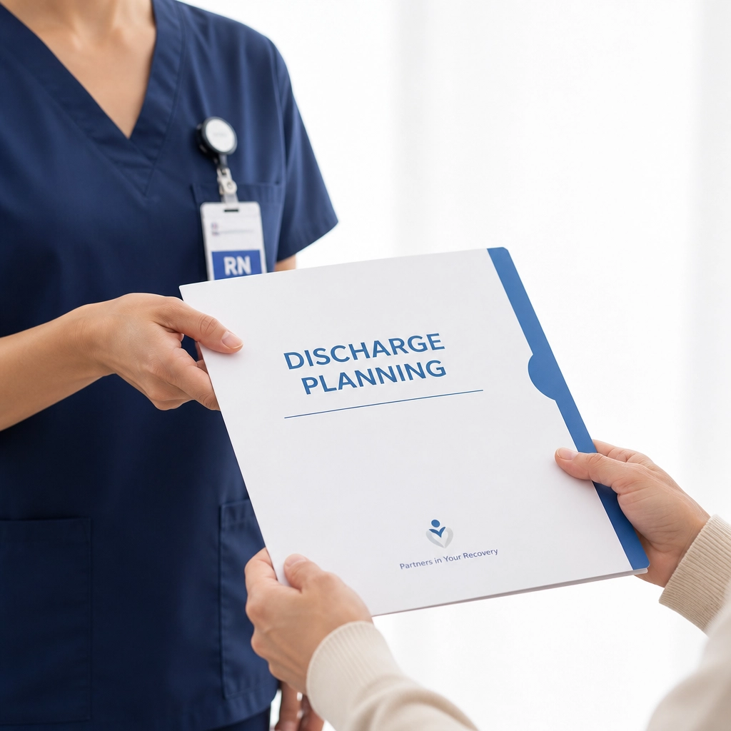 A healthcare worker handing a discharge planning folder to a patient