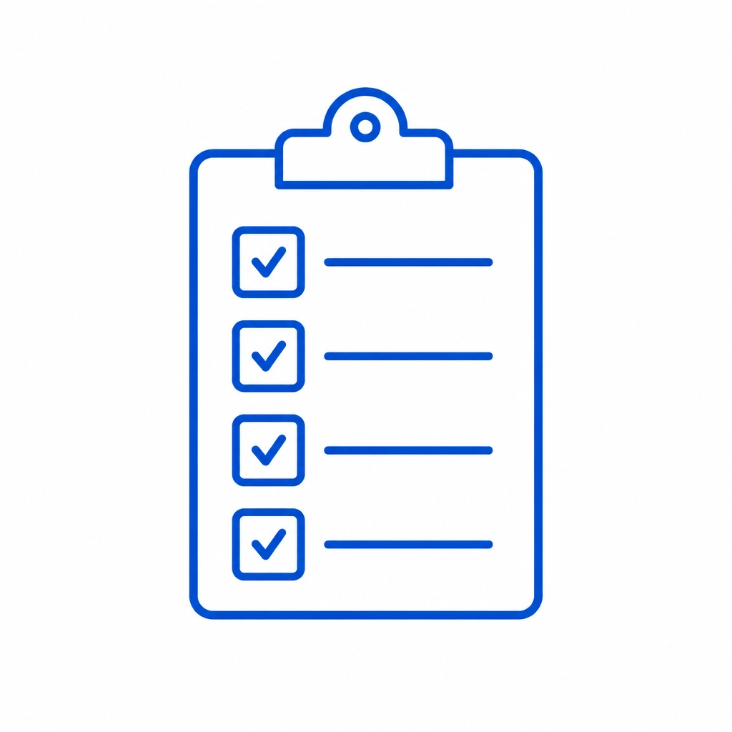 Minimalist flat-design icon showing a clipboard with checked boxes