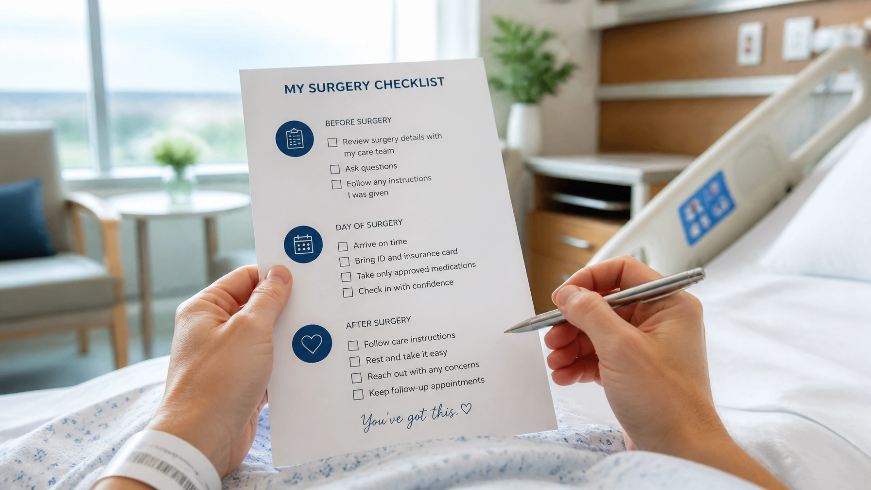 A patient's hand holding a preparation checklist in a hospital room