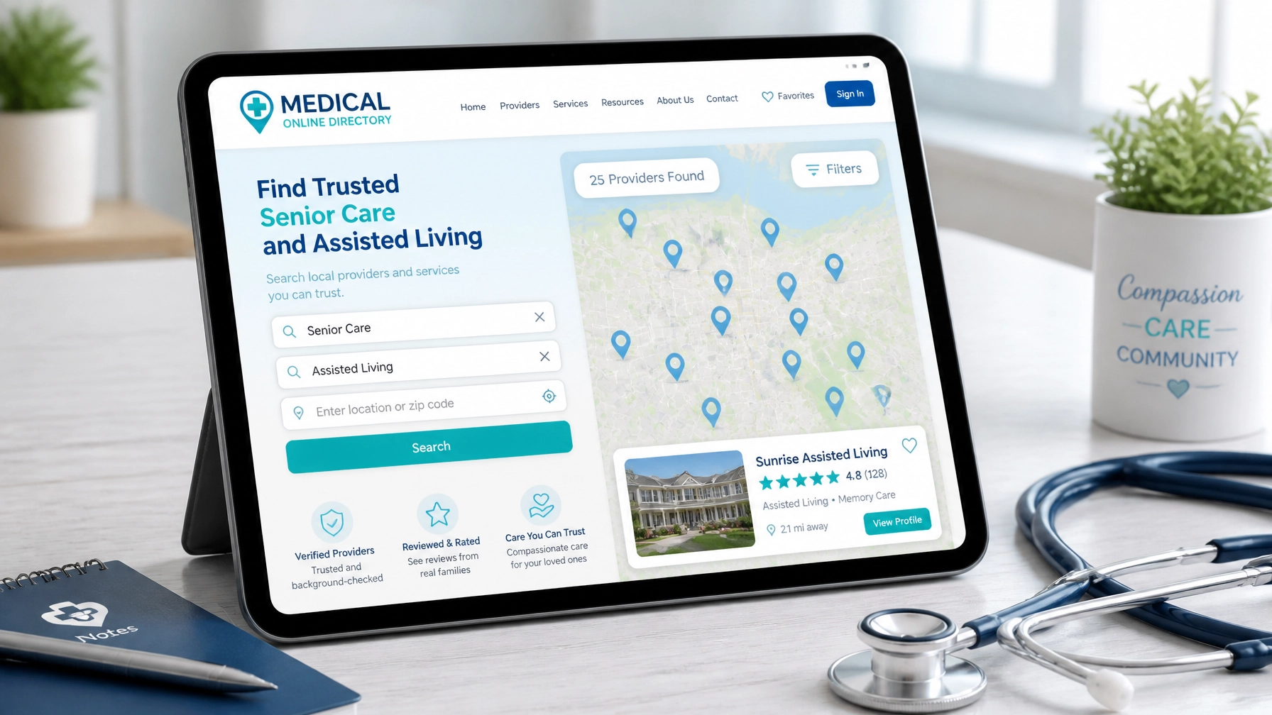Modern interface mockup of the Medical Online Directory search tool on a tablet, showing how to find local senior care.