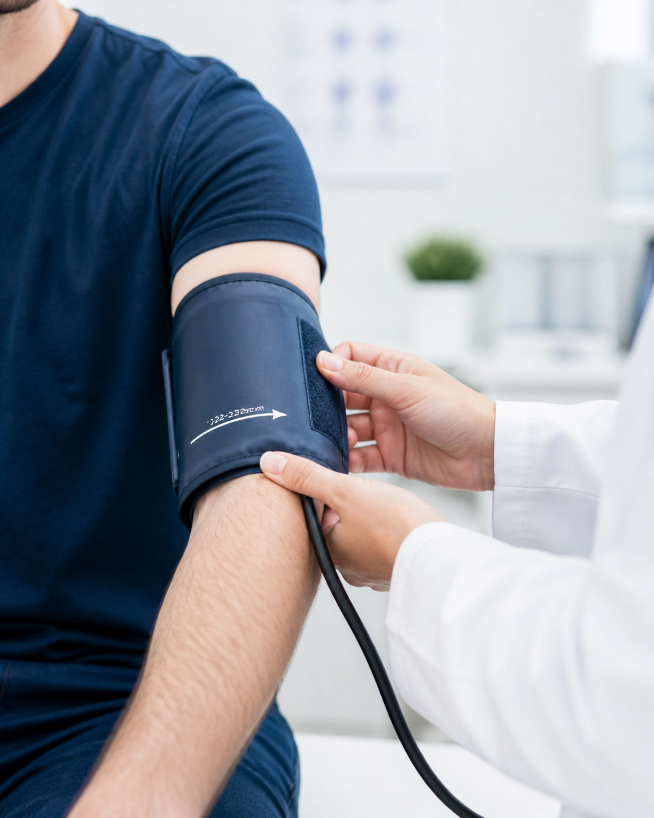 A close-up of a blood pressure cuff being applied in a clinical setting