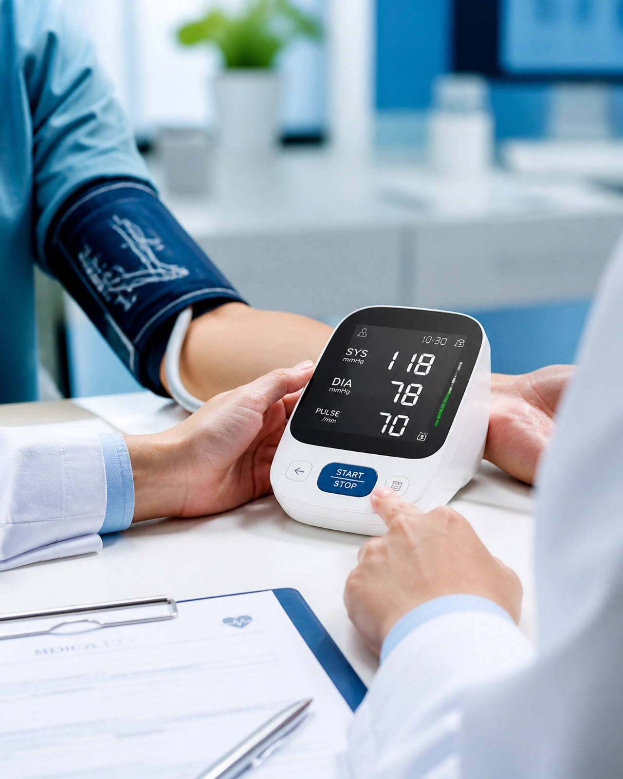 A healthcare provider performing a blood pressure screening