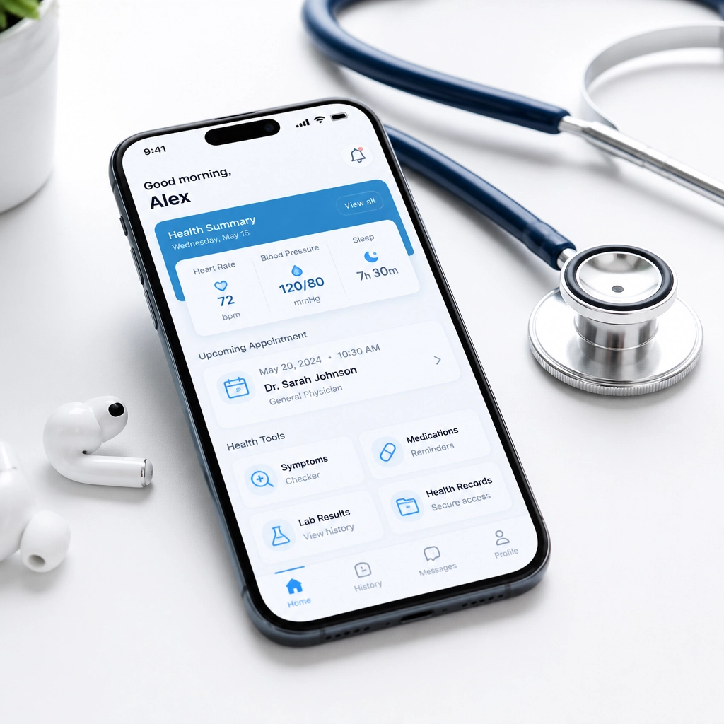 A smartphone, stethoscope, and earbuds on a bright white table