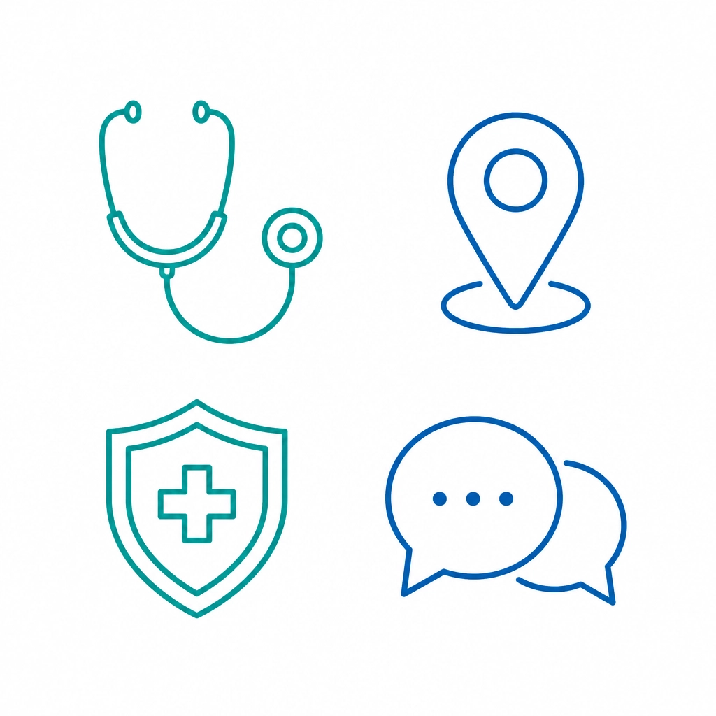 Minimalist icons representing stethoscope, location, insurance, and communication