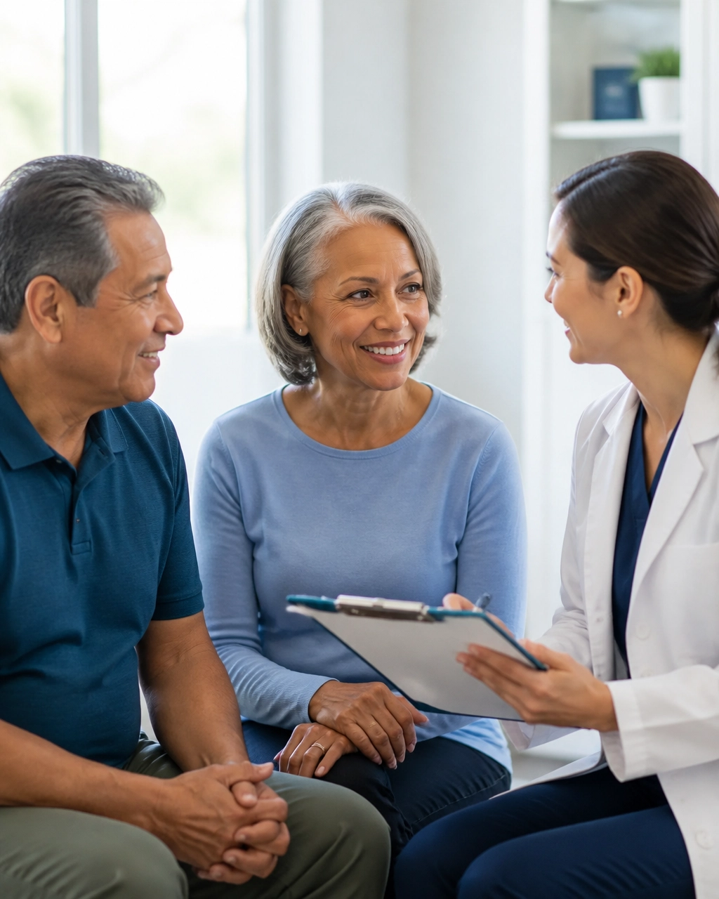 An older couple speaking with a caring clinician during a routine preventive health visit