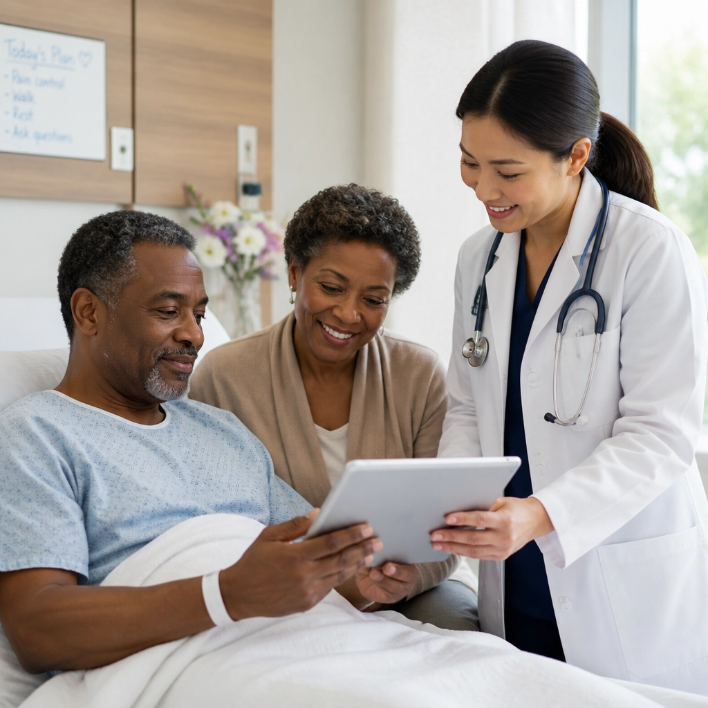 A patient and advocate discussing care with a doctor