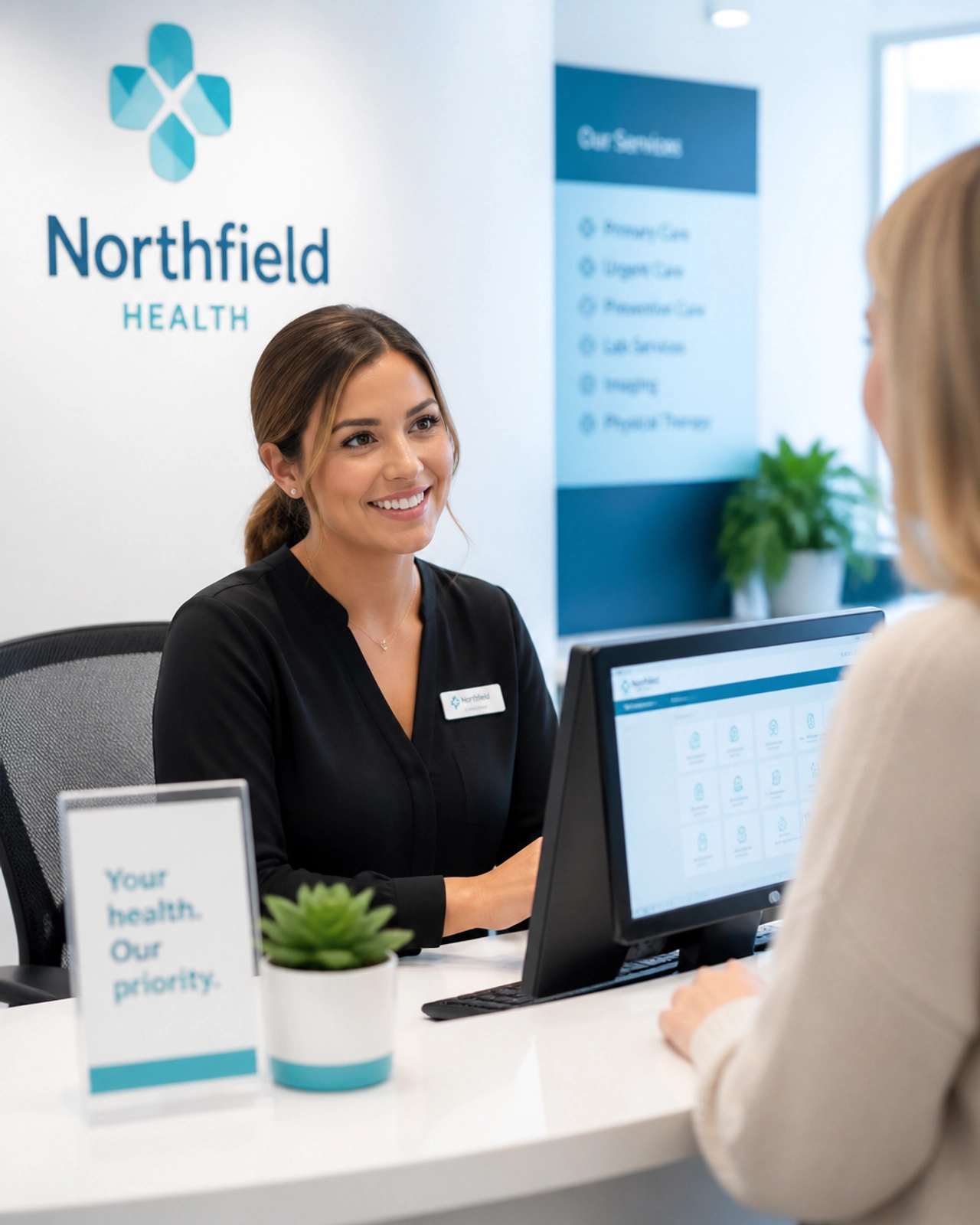 A professional receptionist at a medical office helping a patient with clear communication.