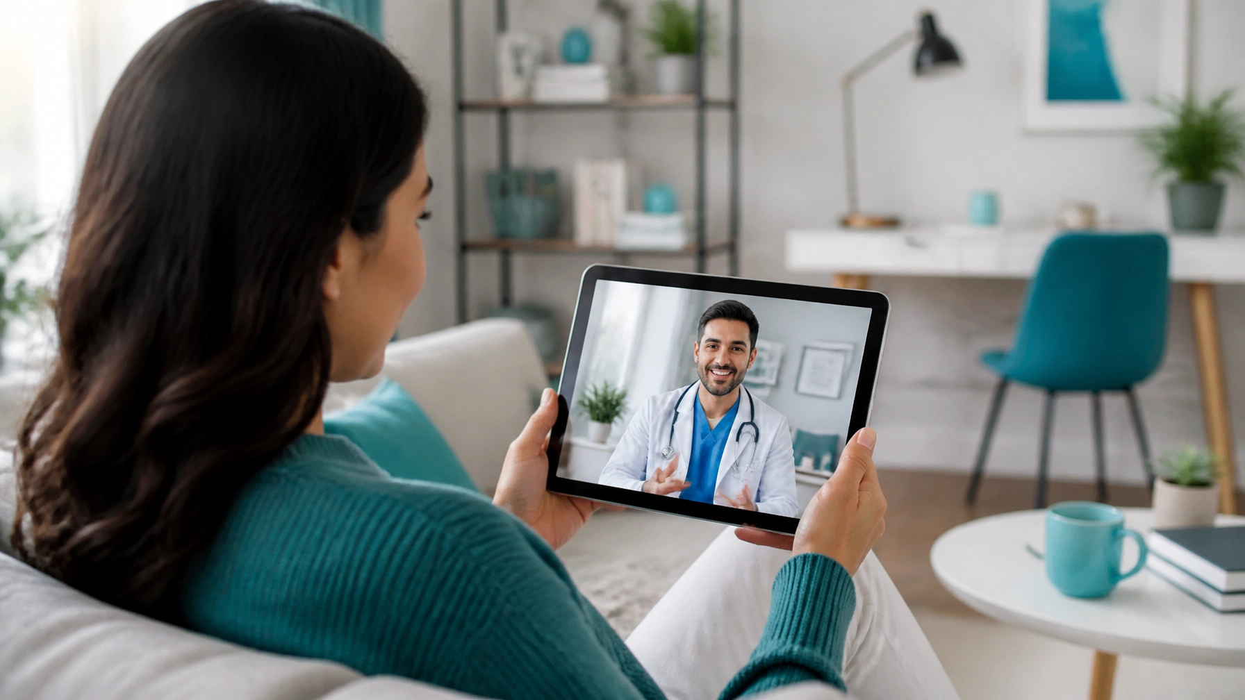 A high-key photograph of a patient in a bright, modern living room holding a tablet for a telehealth consultation.