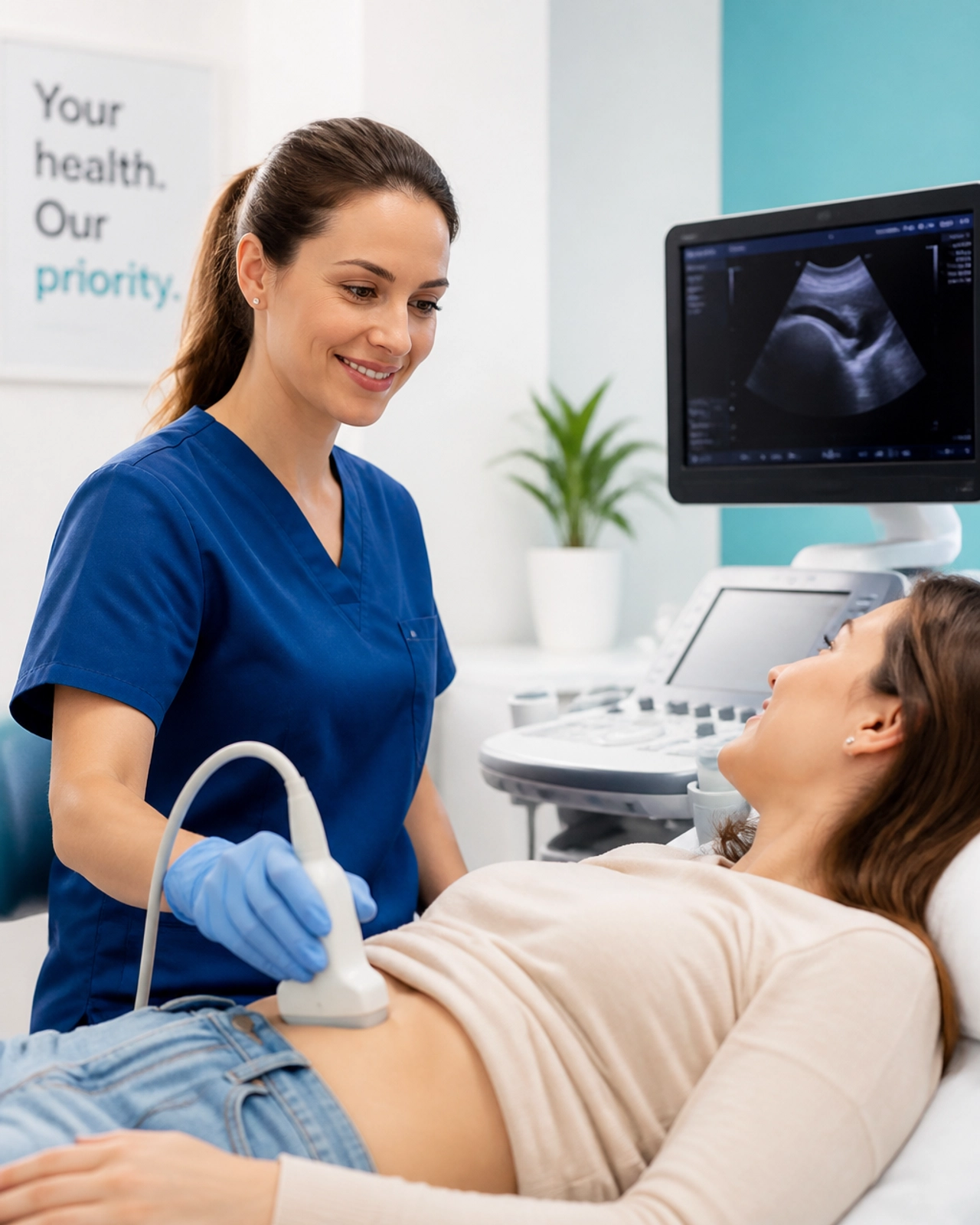 A professional and clean vertical image showing an ultrasound procedure in a modern clinic. A healthcare professional, wearing blue scrubs, is gently moving a transducer over a patient's abdomen.