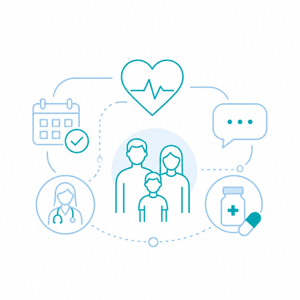 Minimalist illustration representing long-term family primary care and ongoing health support