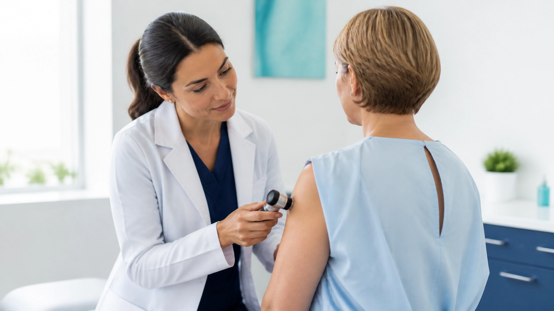 Dermatologist performing a calm, professional skin screening in an exam room