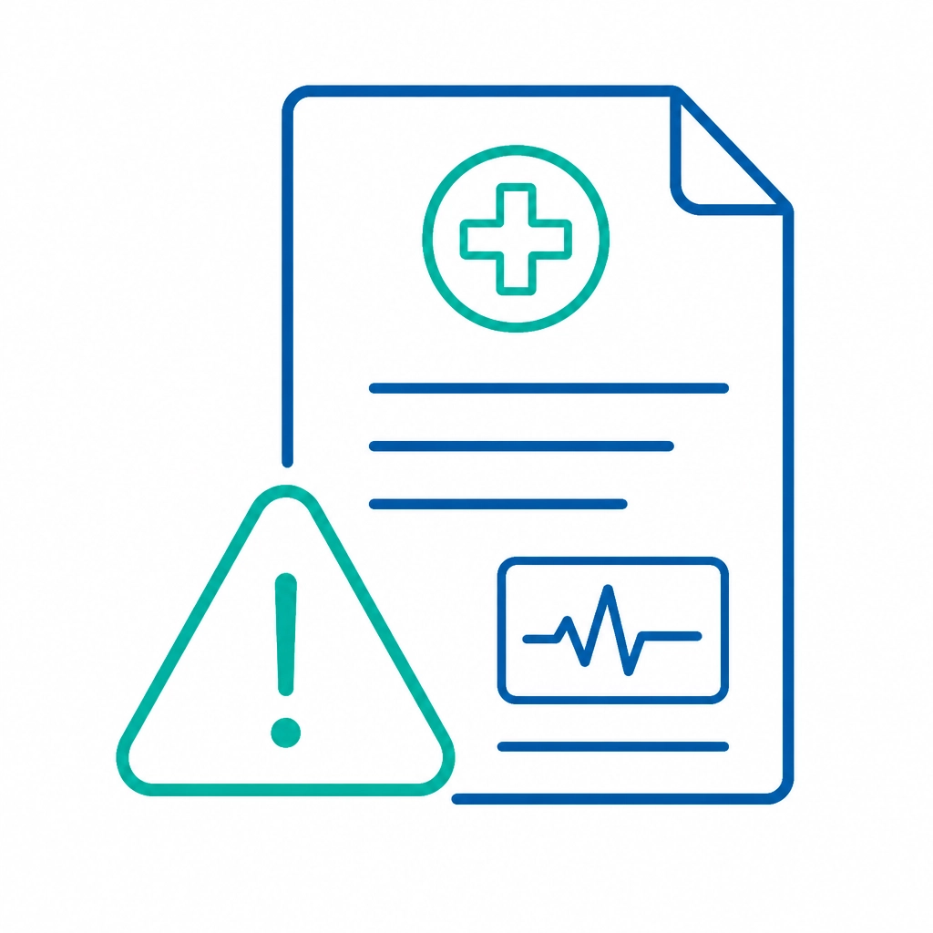 Minimalist flat icon of a warning sign and a medical document.
